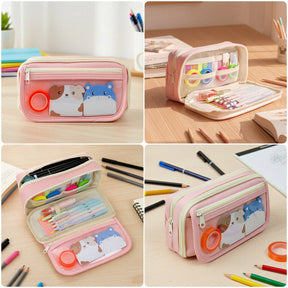 9 Compartment Large Capacity Pencil Case with Transparent Compartment, Organizer Pouch - Black