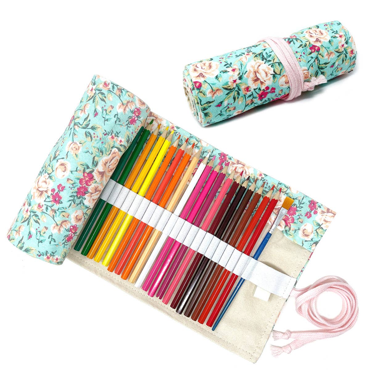 Pencil Wrap Pouch (72 slots) - Pink Rose on Teal