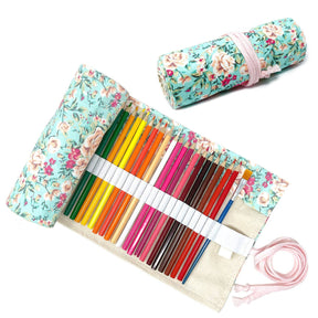 Pencil Wrap Pouch (72 slots) - Pink Rose on Teal