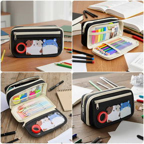 9 Compartment Large Capacity Pencil Case with Transparent Compartment, Organizer Pouch - Black