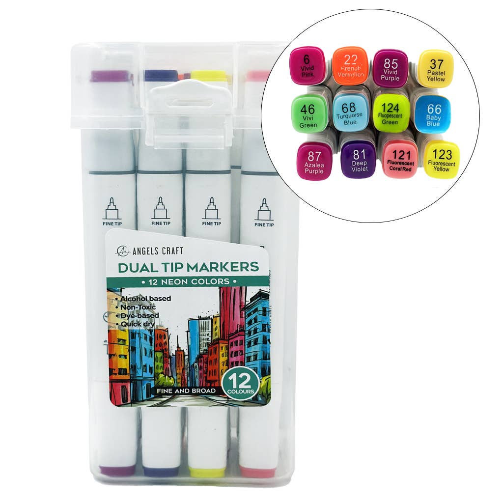 Angels Craft Dual Tip Alcohol Ink Markers - 12 Color Set - Neon Colors - The Merri Artist - merriartist.com
