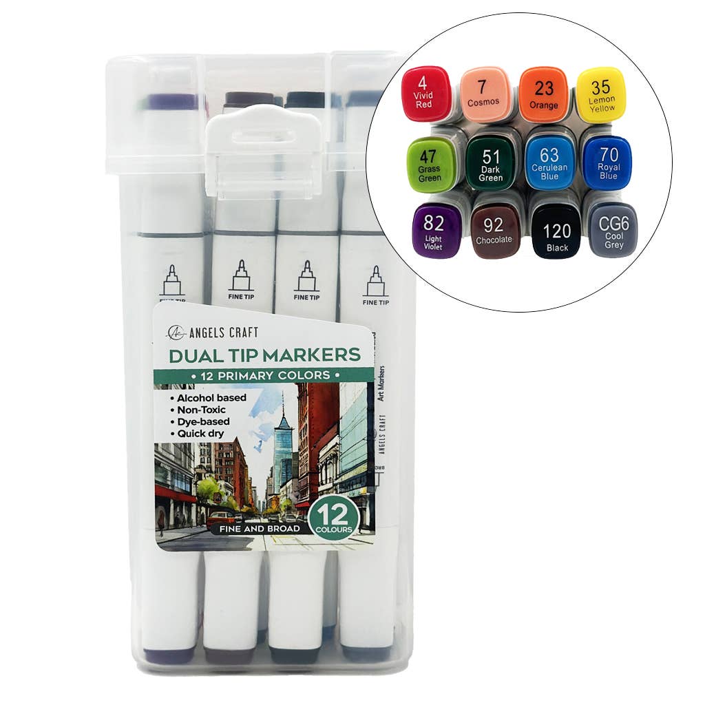 Angels Craft Dual Tip Alcohol Ink Markers - 12 Color Set - Primary Colors - The Merri Artist - merriartist.com