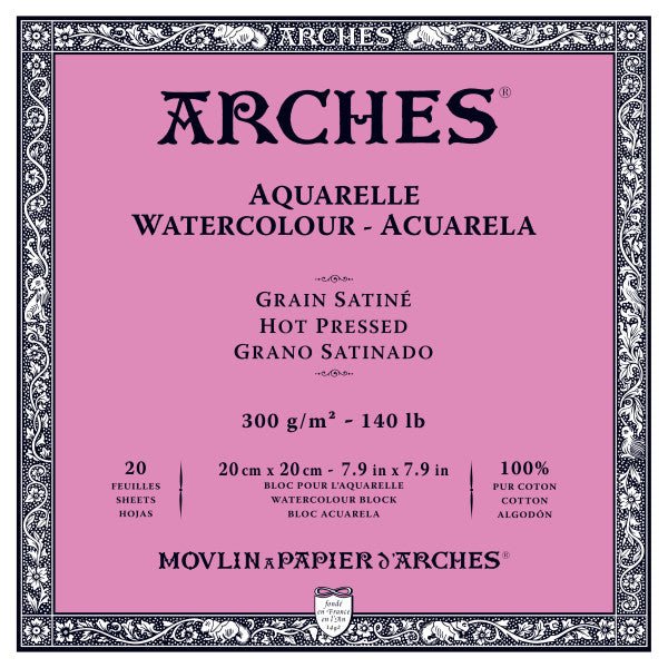 ARCHES Watercolor Block - Hot Pressed 140 lb 7.9x7.9 inch Block (20 Sheets) - The Merri Artist - merriartist.com