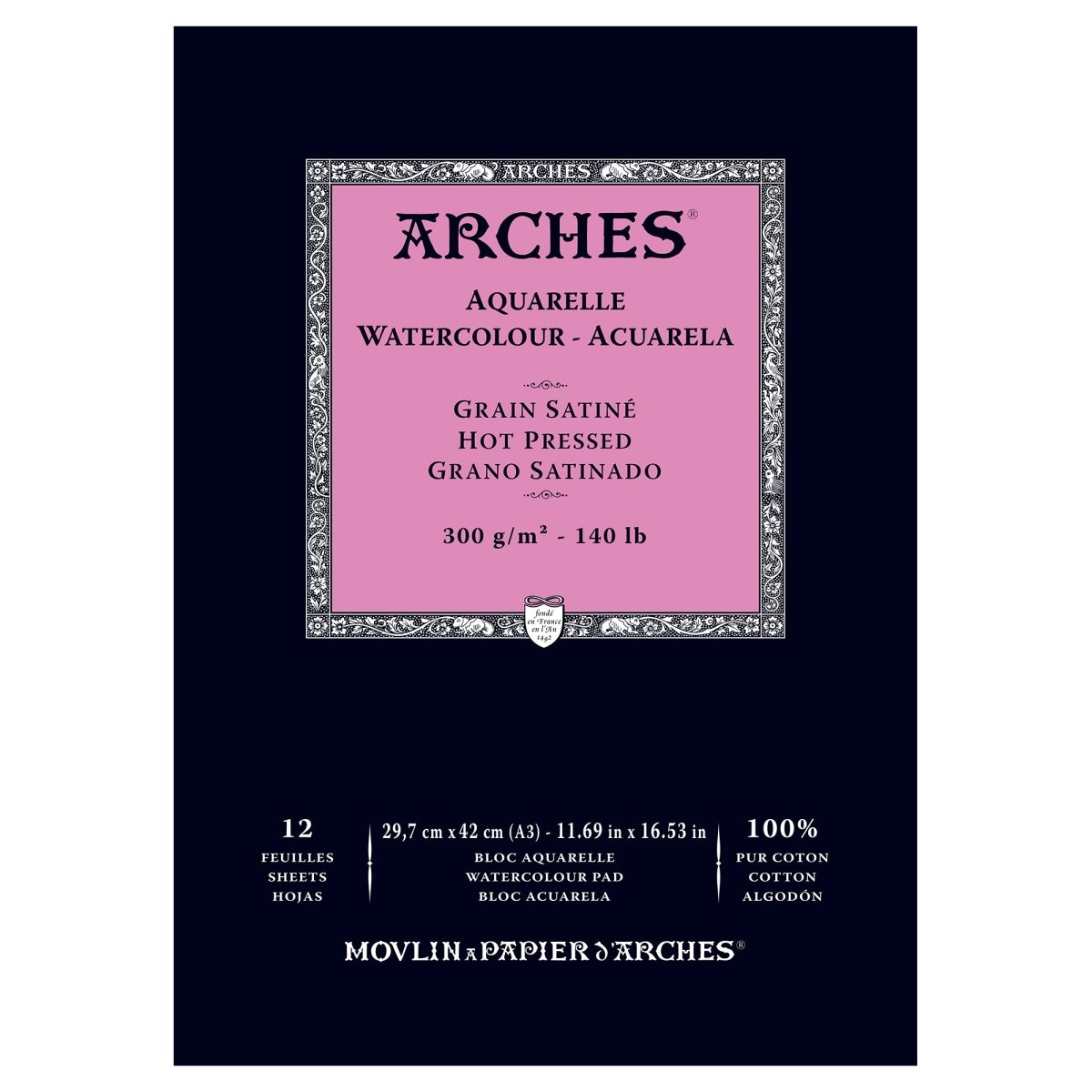 ARCHES Watercolor Hot Pressed Natural White 140 lb (300 gsm) 11.69x16.53 inch Pad (12 Sheets) - The Merri Artist - merriartist.com