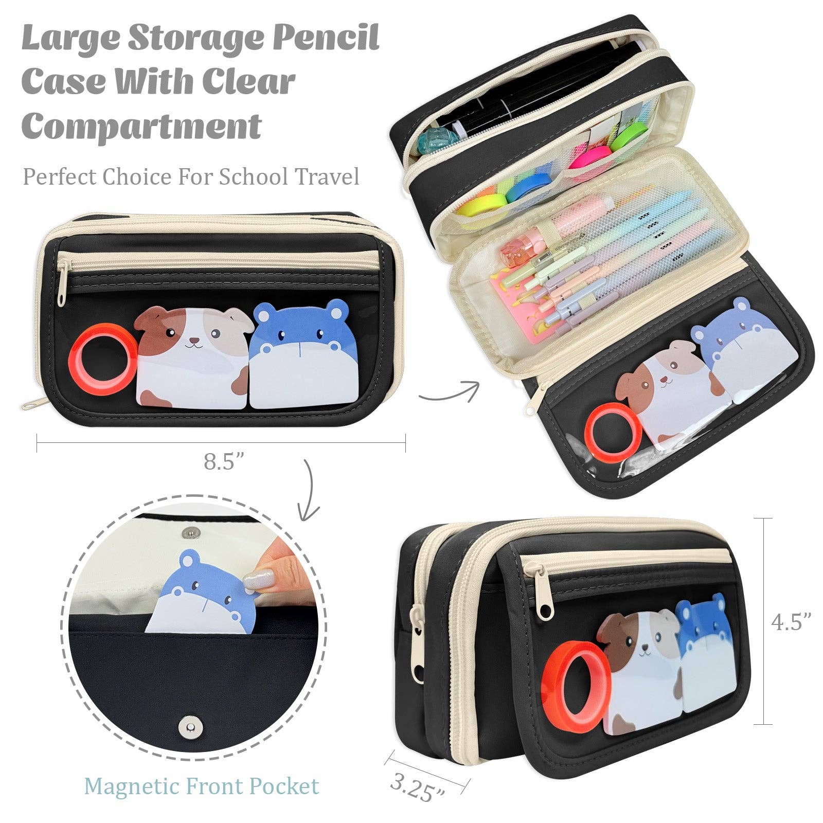 9 Compartment Large Capacity Pencil Case with Transparent Compartment, Organizer Pouch - Black