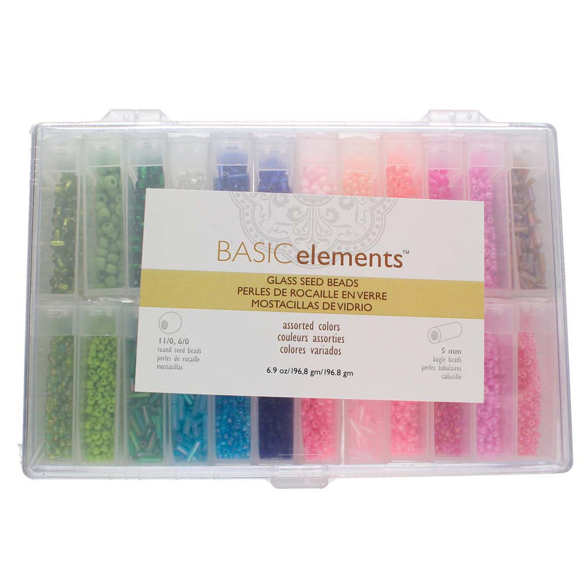 Beadsmith Glass Bead 6.9 oz Assortment ( 11/0, 6/0 Seed Beads and 5mm bugle beads) with 24 flip top tubes in Storage Box - The Merri Artist - merriartist.com