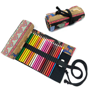 Pencil Wrap Pouch (72 slots) - Pink Rose on Teal