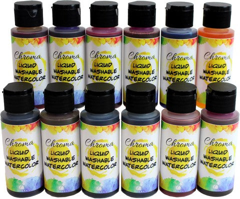 Chroma Liquid Washable Watercolor Set of 12 colors in  2 fl. Oz. Bottles