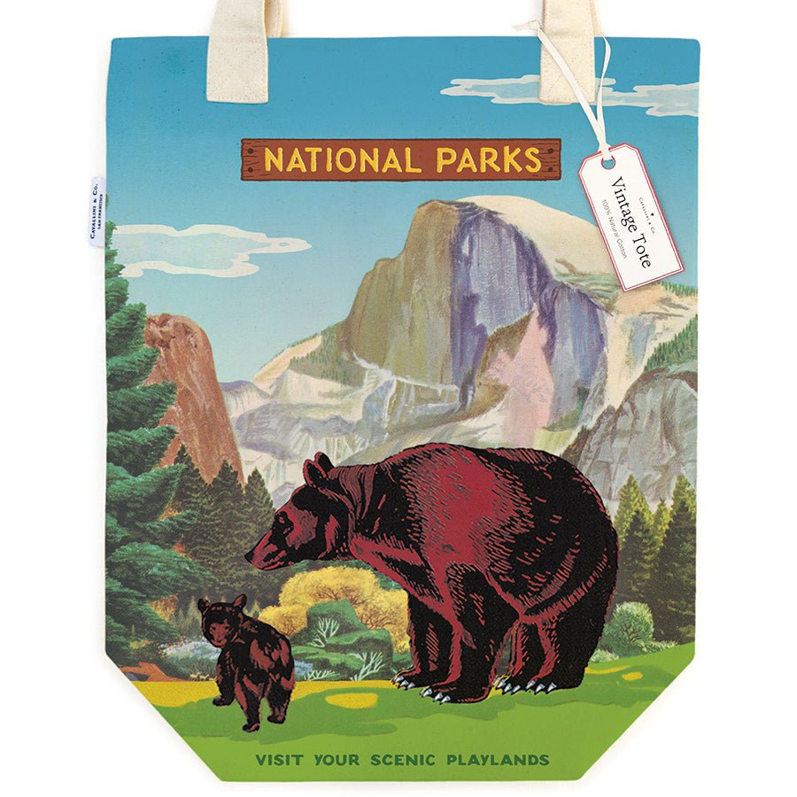 Cavallini & Co. Vintage Inspired Tote Bag - 13" x 16" (33 cm x 40.5 cm) - National Parks Bear - The Merri Artist - merriartist.com