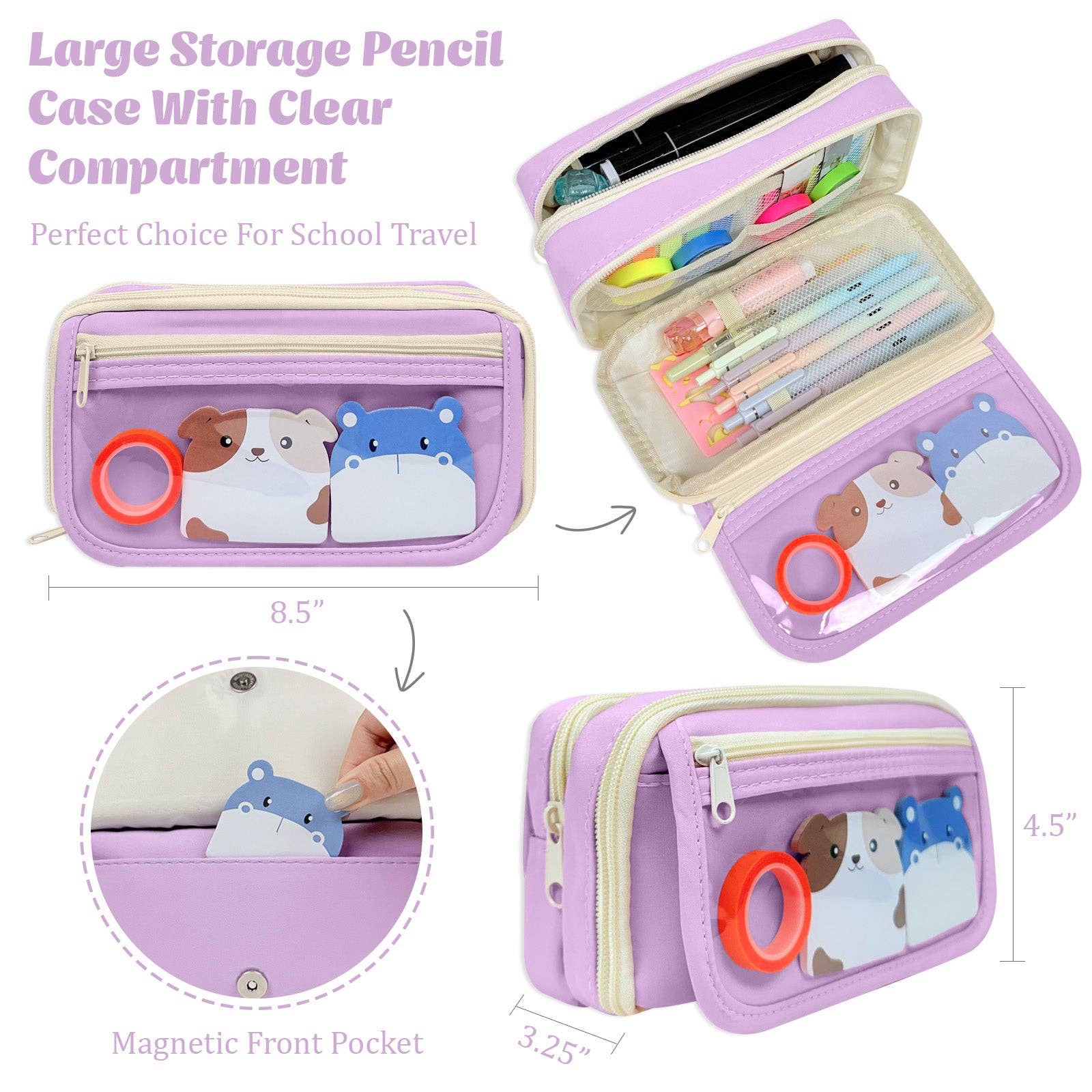 9 Compartment Large Capacity Pencil Case with Transparent Compartment, Organizer Pouch - Black
