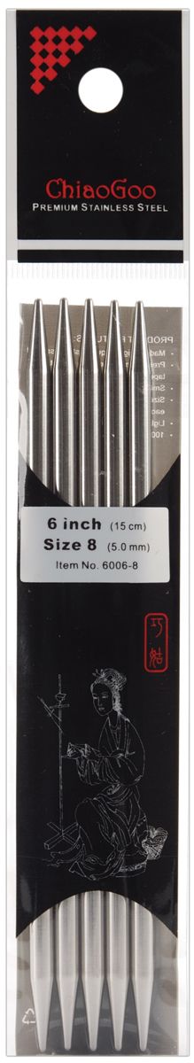 ChiaoGoo Double Point Stainless Knitting Needles 6" - 5 mm - Size 8 - pack of 5 - The Merri Artist - merriartist.com
