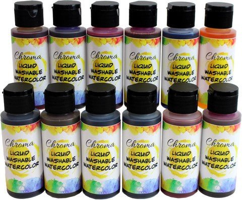 Chroma Liquid Washable Watercolor Set of 12 colors in 2 fl. Oz. Bottles - The Merri Artist - merriartist.com