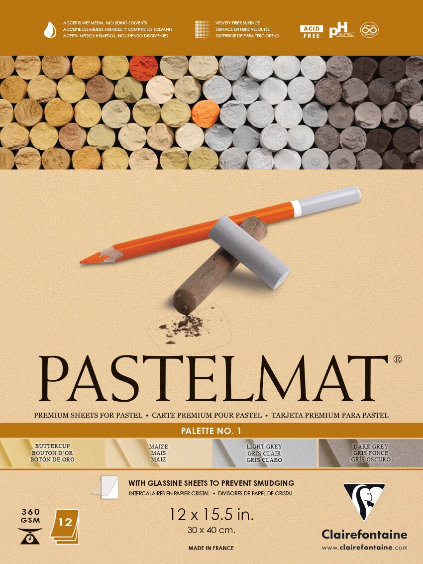 Clairefontaine Premium Pastelmat Pad 12 x 15.5" - Palette 1, Maize, Buttercup, Dark Grey, Light Grey - The Merri Artist - merriartist.com
