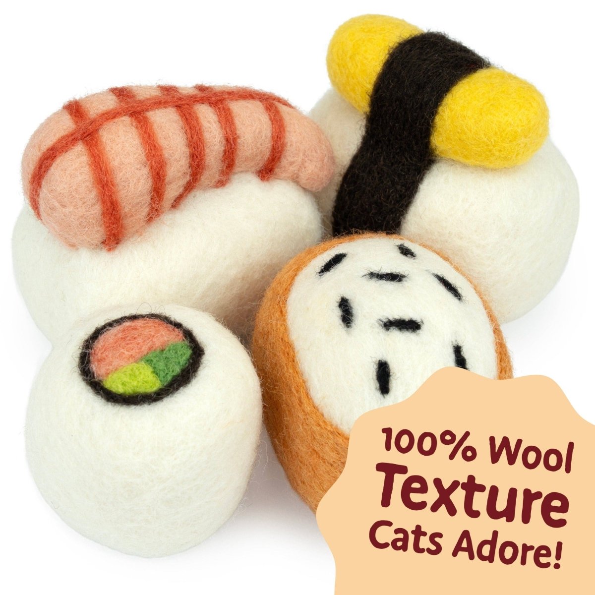 Clearance - Woolbuddy - M&W Wool Felt Cat Sushi Set – Handmade Cat Toys (4 pcs) - The Merri Artist - merriartist.com