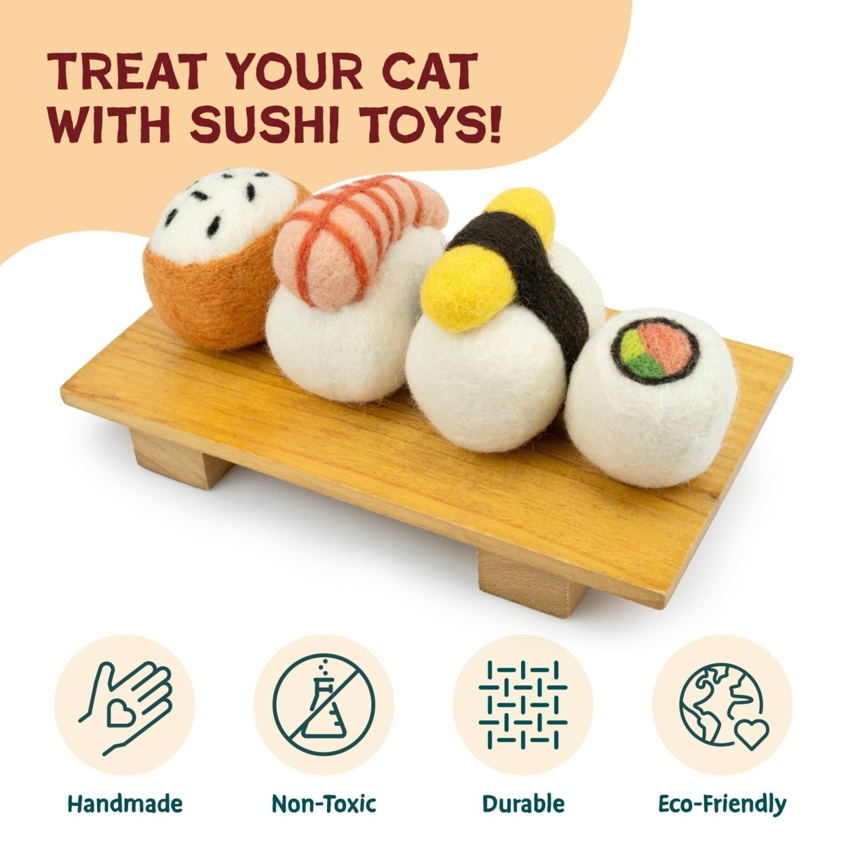 Clearance - Woolbuddy - M&W Wool Felt Cat Sushi Set – Handmade Cat Toys (4 pcs) - The Merri Artist - merriartist.com