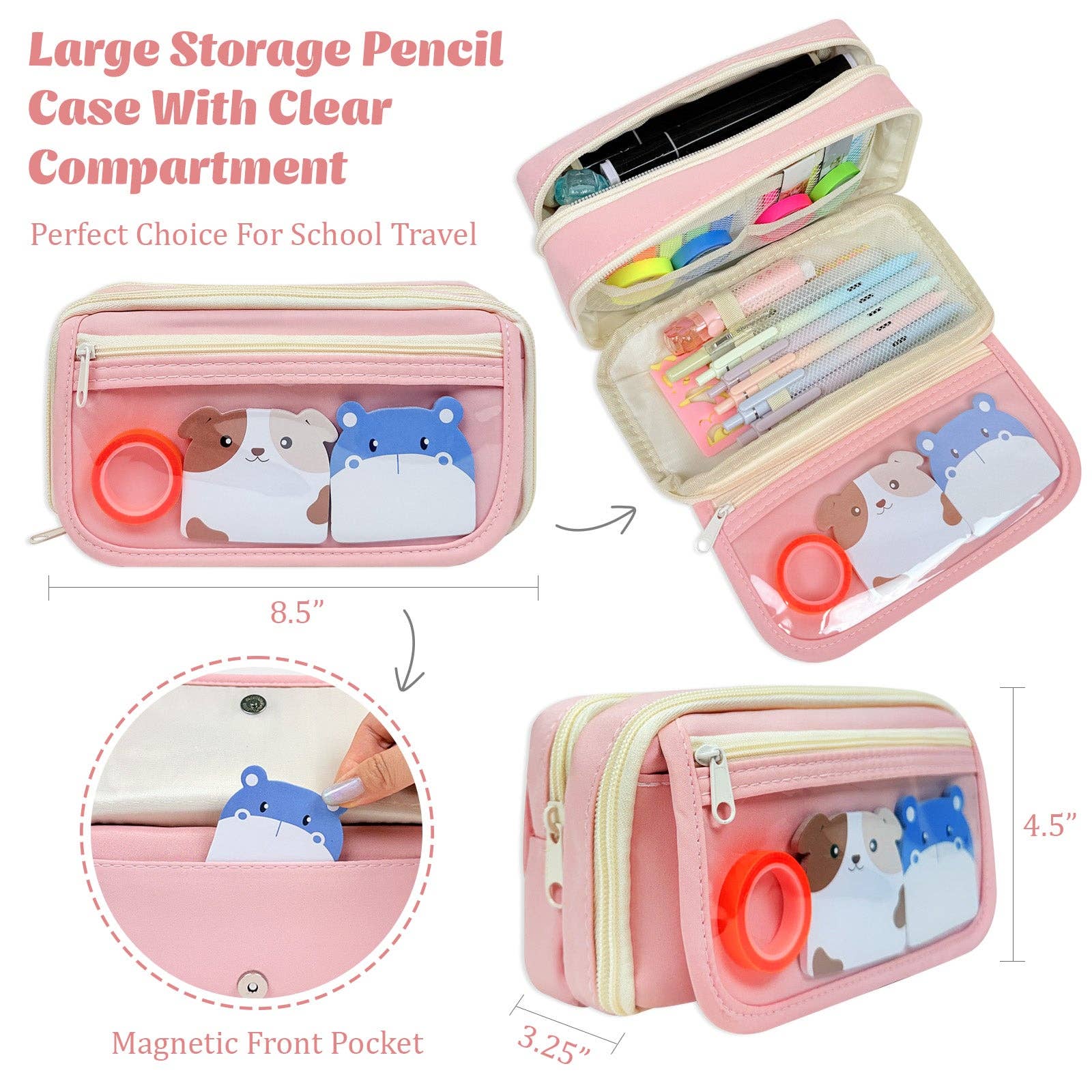 Wrapables.com - Wrapables 9 Compartment Large Capacity Pencil Case with Transparent Compartment, Organizer Pouch for Stationery Tools, Makeup, and Travel - Pink