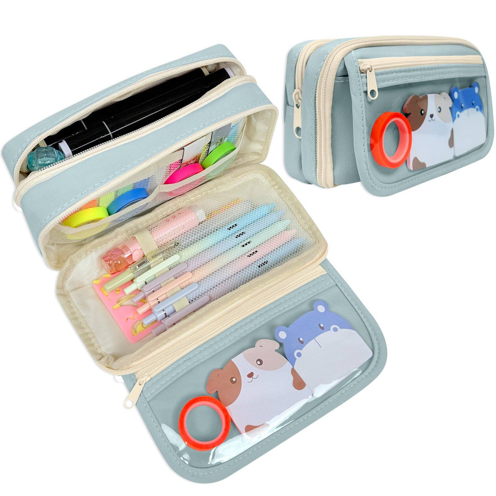 9 Compartment Large Capacity Pencil Case with Transparent Compartment, Organizer Pouch -  - Blue