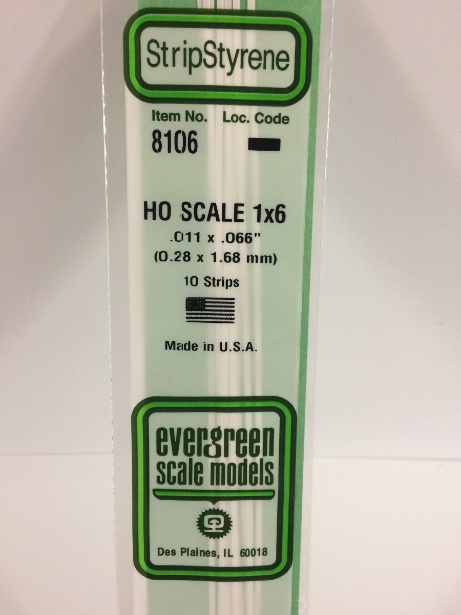 Evergreen Scale Models 8106 - .011" X .066" X 14" HO Scale 1X6 Strips (10) - The Merri Artist - merriartist.com