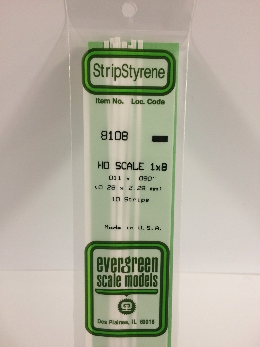 Evergreen Scale Models 8108 - .011" X .090" X 14" HO Scale 1X8 Strips (10) - The Merri Artist - merriartist.com