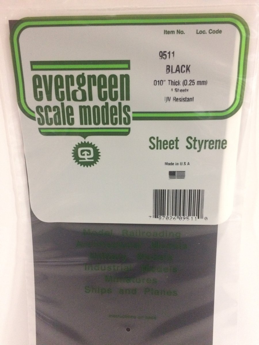 Evergreen Scale Models 9511 - 6 X 12" Black Polystyrene .010" Thick (4) - The Merri Artist - merriartist.com