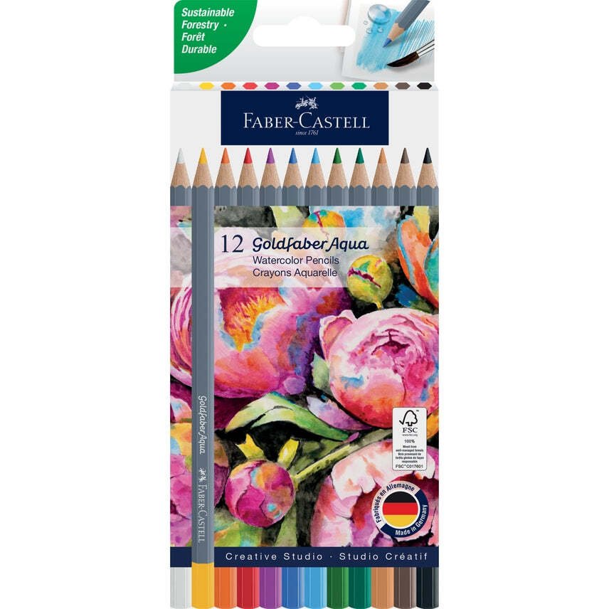 Faber - Castell Goldfaber Aqua Watercolor Pencils Box of 12 Basic Colors - The Merri Artist - merriartist.com