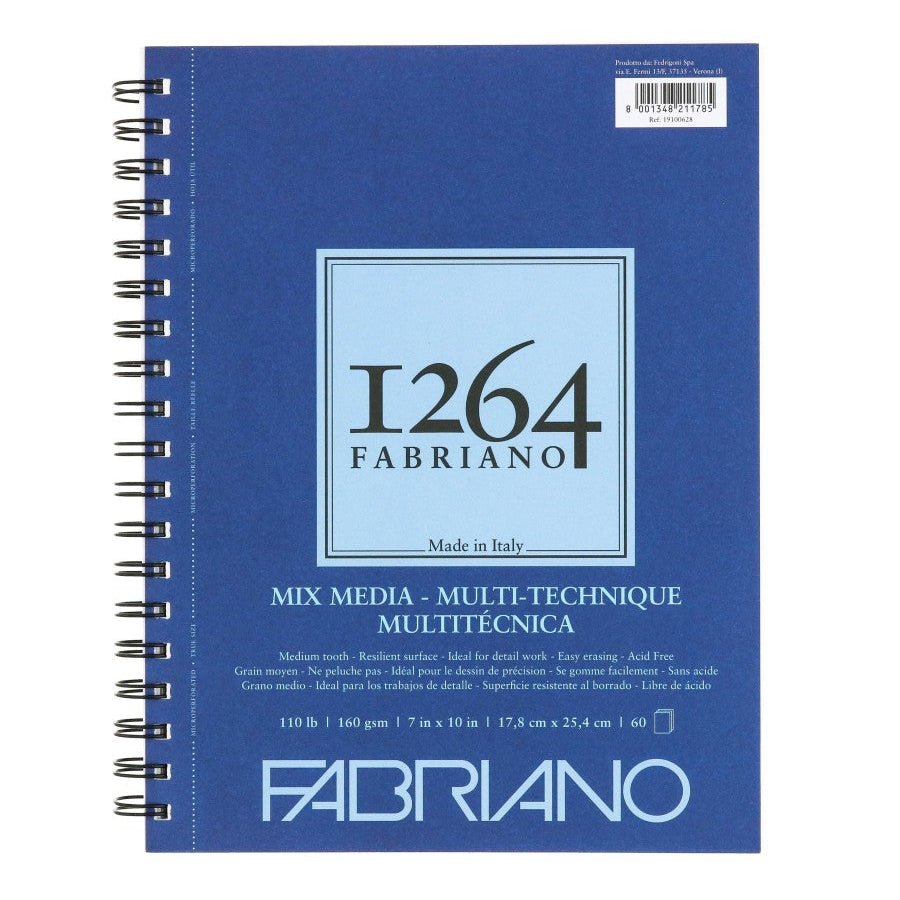 Fabriano 1264 Mix Media 110 lb (160 gsm) Wire - Bound Pad - 60 Sheets 7X10" - The Merri Artist - merriartist.com