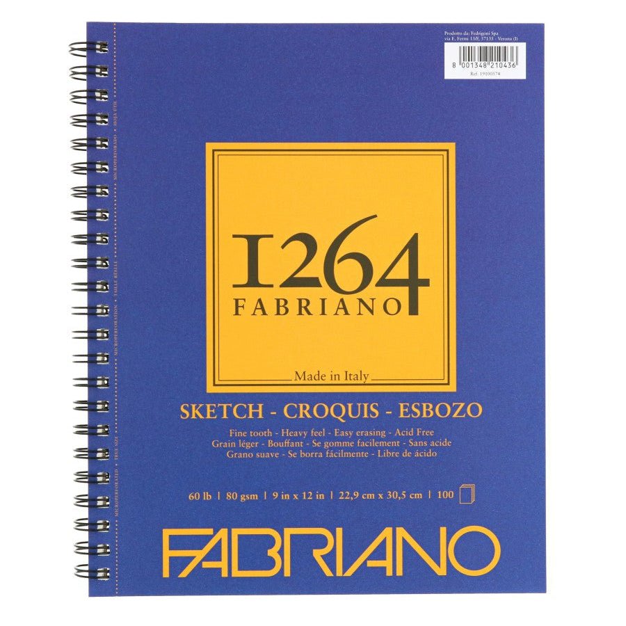Fabriano 1264 Sketch Paper - 60 lb (80 gsm) Spiral Bound Pad - 100 Sheets 9X12" - The Merri Artist - merriartist.com
