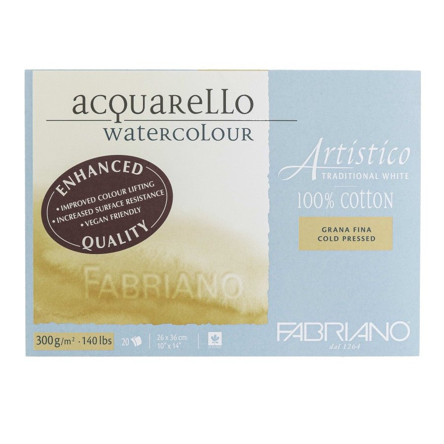 Fabriano Artistico Extra White Watercolor Block - 140 lb. (300 gsm) Cold Press - 20 Sheets - 10" x 14" - The Merri Artist - merriartist.com
