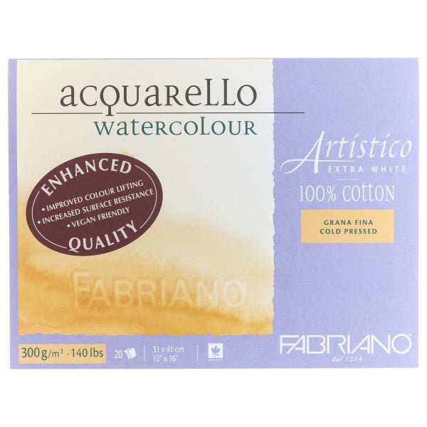 Fabriano Artistico Extra White Watercolor Block - 140 lb. (300 gsm) Cold Press - 25 Sheets - 12" x 16" - The Merri Artist - merriartist.com