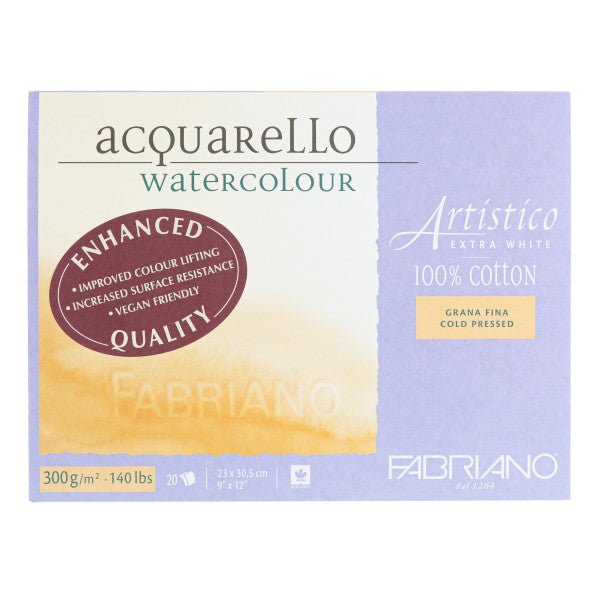 Fabriano Artistico Extra White Watercolor Block - 140 lb. (300 gsm) Cold Press - 25 Sheets - 9" x 12" - The Merri Artist - merriartist.com