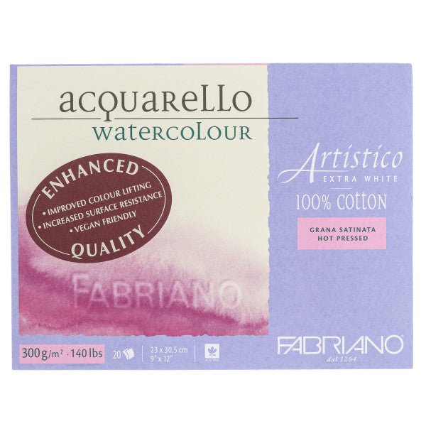 Fabriano Artistico Extra White Watercolor Block - 140 lb. (300 gsm) Hot Press - 25 Sheets - 9" x 12" - The Merri Artist - merriartist.com