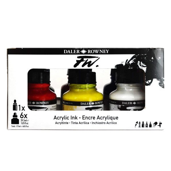 FW Acrylic Artists Ink Primary Colors Set - Six 1 oz Bottles and one FW empty paint marker - The Merri Artist - merriartist.com