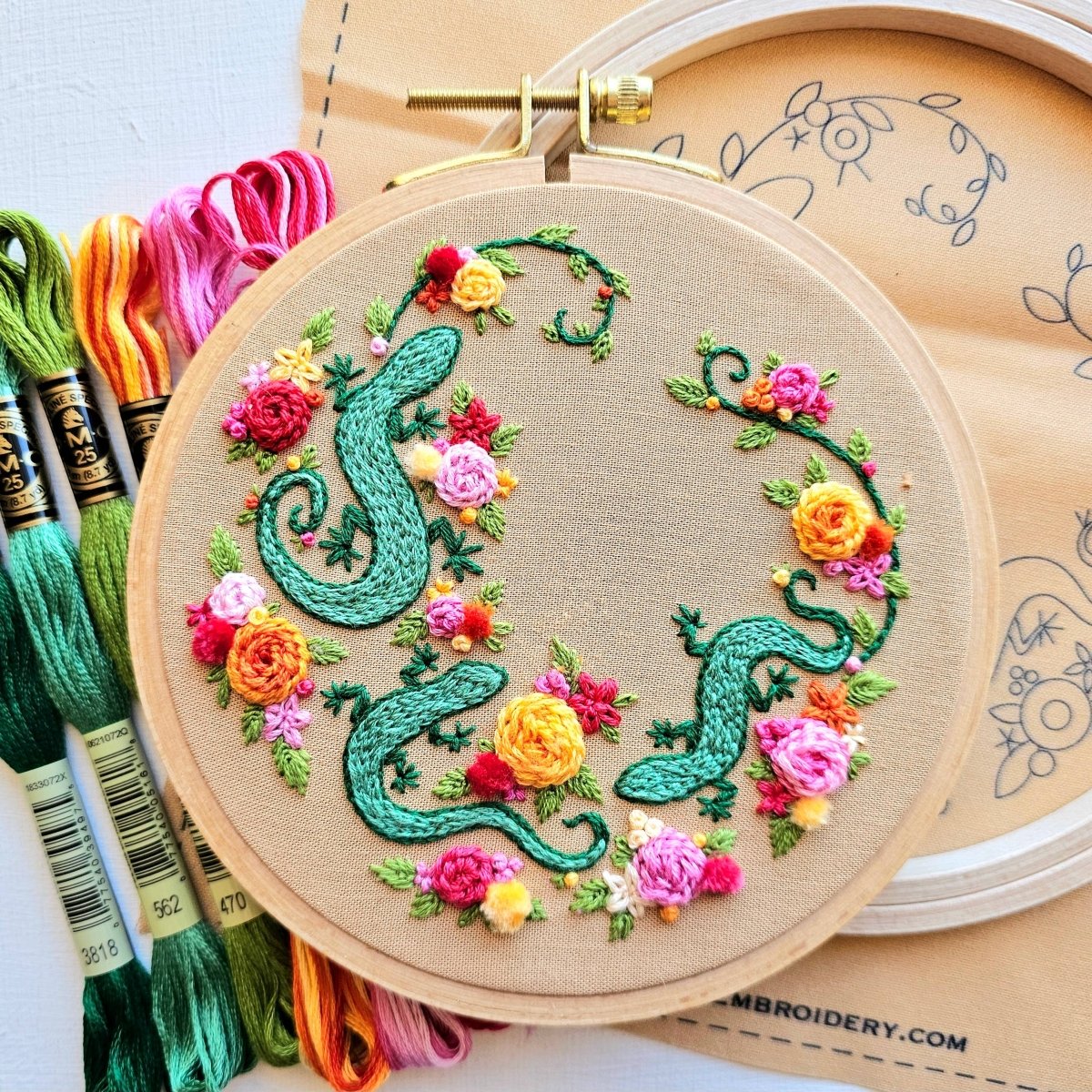 Jessica Long Embroidery - Backyard Geckos hand embroidery kit - The Merri Artist - merriartist.com