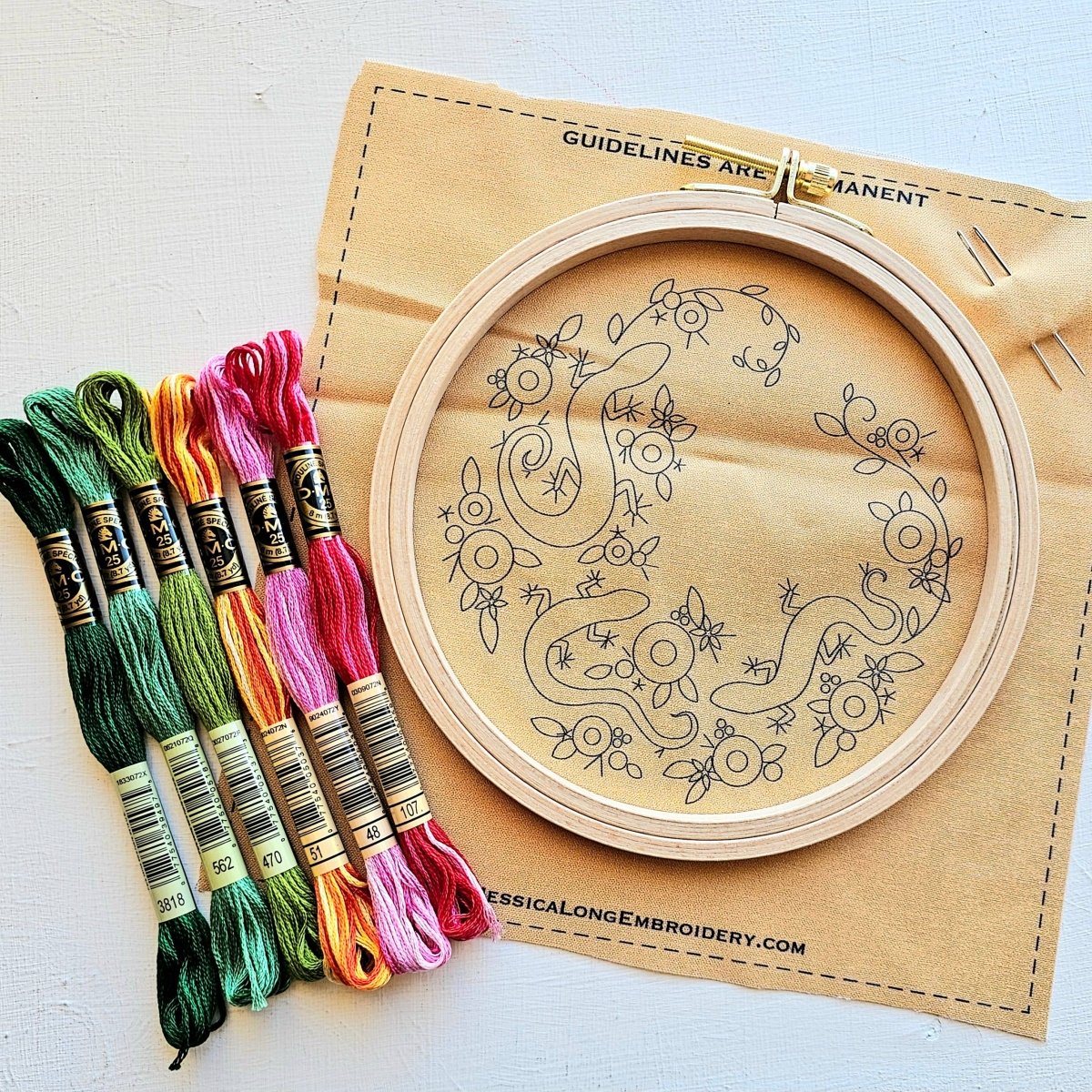 Jessica Long Embroidery - Backyard Geckos hand embroidery kit - The Merri Artist - merriartist.com