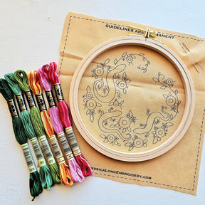 Jessica Long Embroidery - Backyard Geckos hand embroidery kit - The Merri Artist - merriartist.com