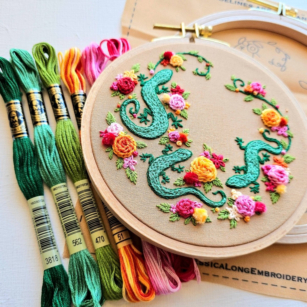 Jessica Long Embroidery - Backyard Geckos hand embroidery kit - The Merri Artist - merriartist.com