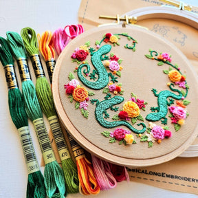 Jessica Long Embroidery - Backyard Geckos hand embroidery kit - The Merri Artist - merriartist.com