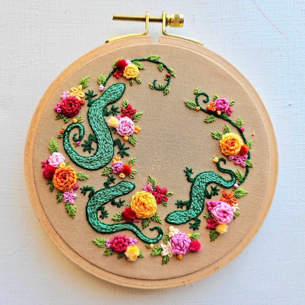 Jessica Long Embroidery - Backyard Geckos hand embroidery kit - The Merri Artist - merriartist.com