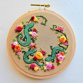Jessica Long Embroidery - Backyard Geckos hand embroidery kit - The Merri Artist - merriartist.com