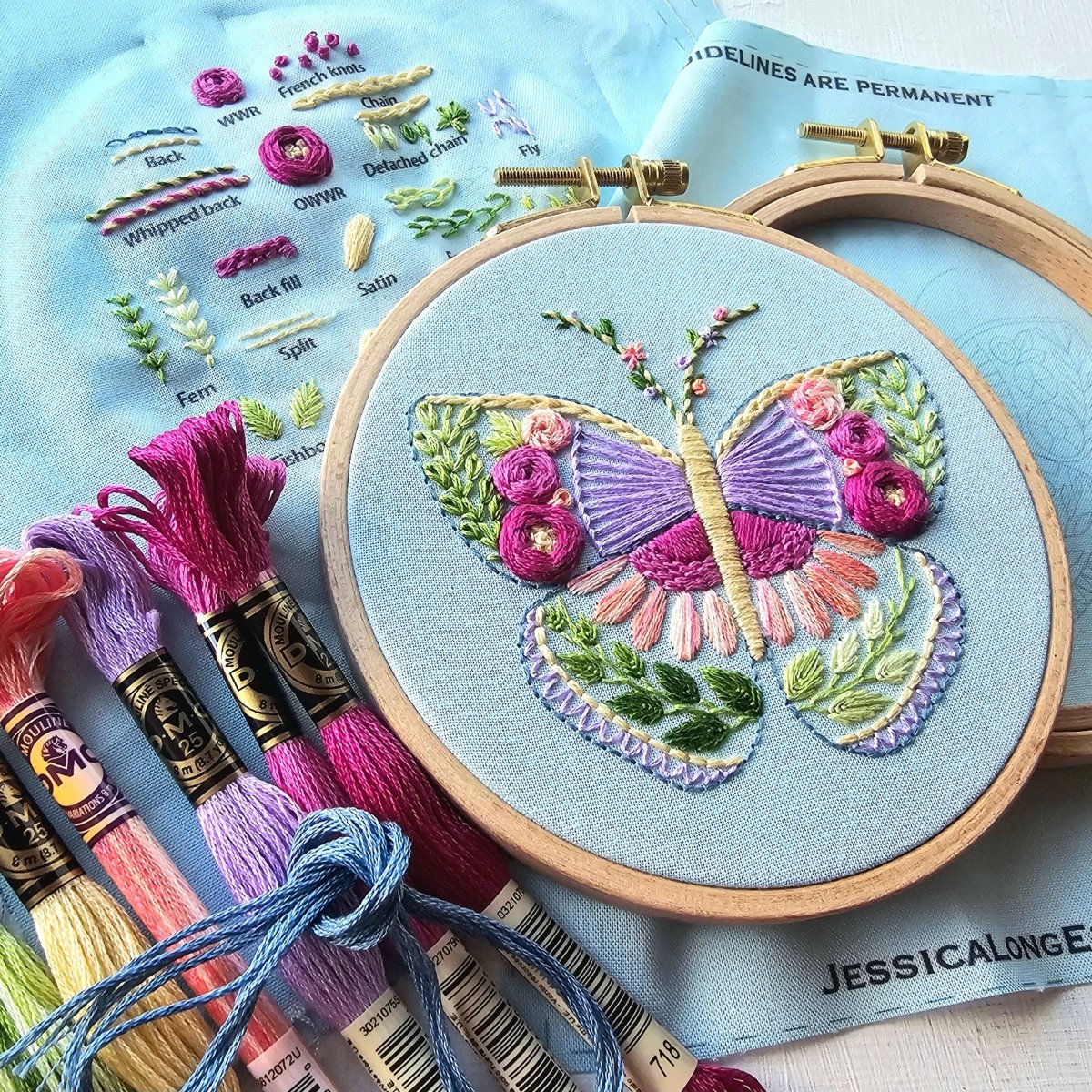 Jessica Long Embroidery - Beginner Butterfly Sampler hand embroidery kit - The Merri Artist - merriartist.com