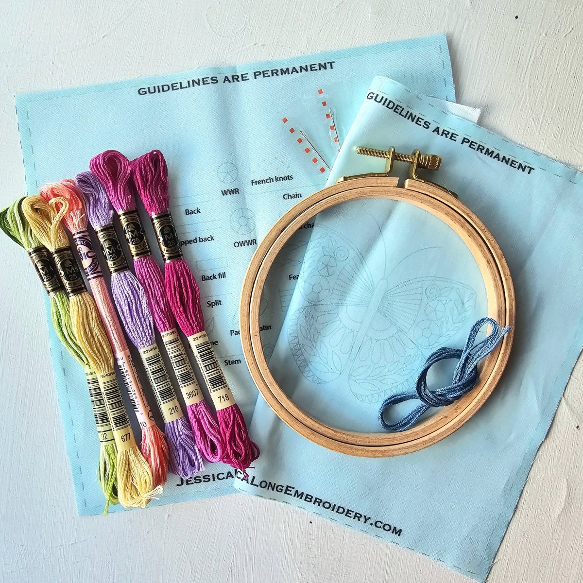 Jessica Long Embroidery - Beginner Butterfly Sampler hand embroidery kit - The Merri Artist - merriartist.com