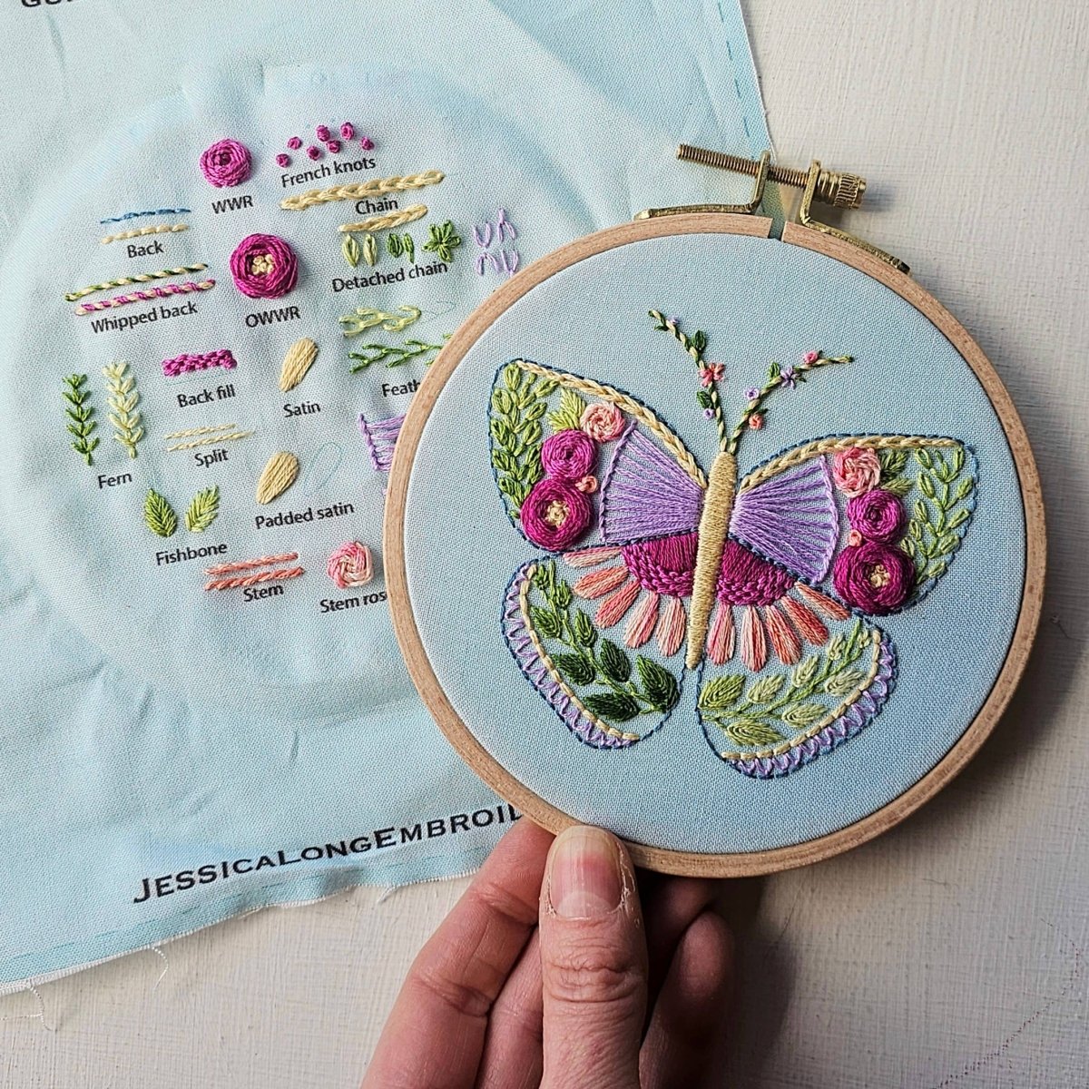 Jessica Long Embroidery - Beginner Butterfly Sampler hand embroidery kit - The Merri Artist - merriartist.com