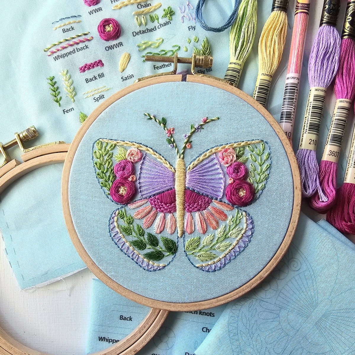 Jessica Long Embroidery - Beginner Butterfly Sampler hand embroidery kit - The Merri Artist - merriartist.com