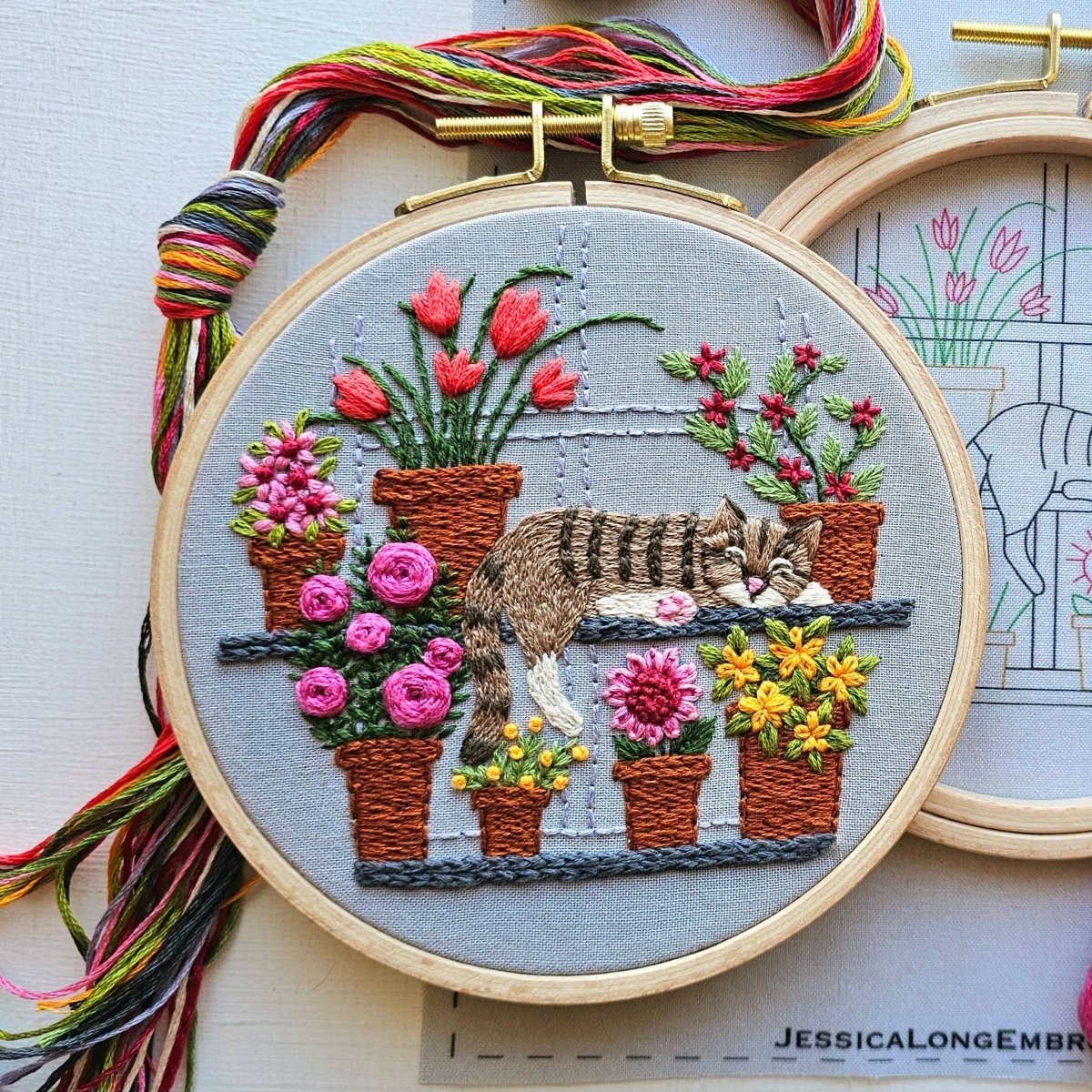 Jessica Long Embroidery - Catnap with Flowers Embroidery Kit - The Merri Artist - merriartist.com