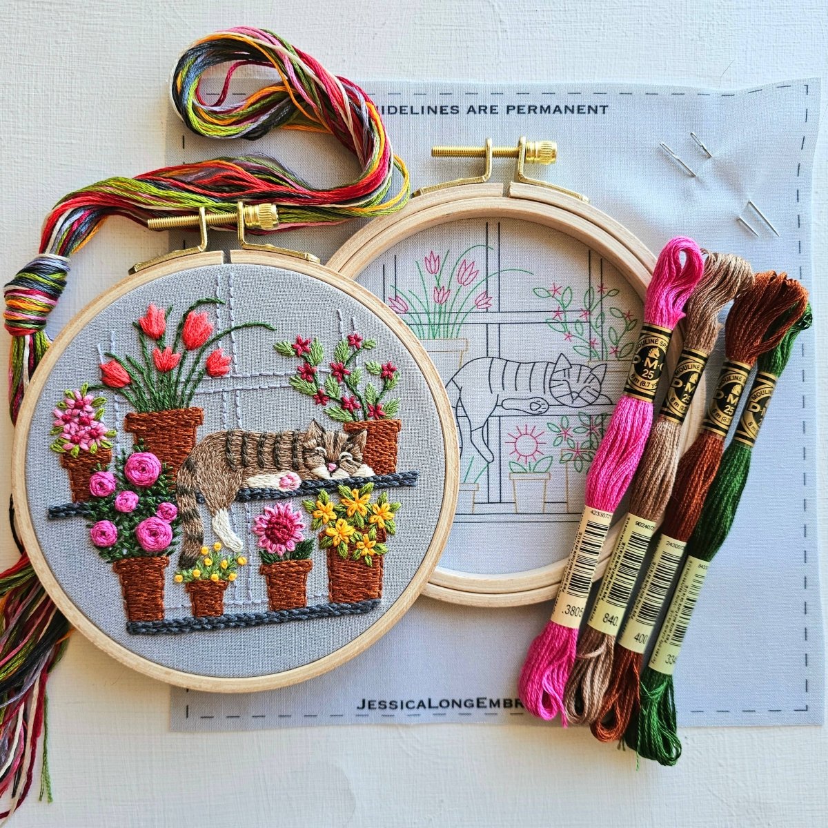 Jessica Long Embroidery - Catnap with Flowers Embroidery Kit - The Merri Artist - merriartist.com