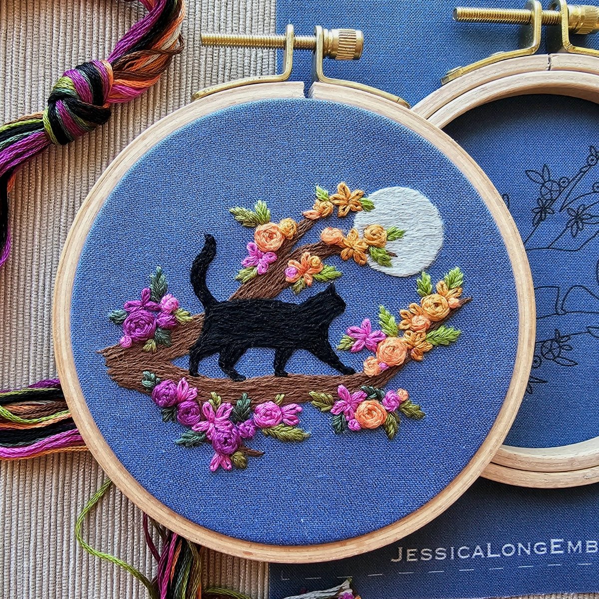 Jessica Long Embroidery - Mini Black Cat & Full Moon Embroidery Kit - The Merri Artist - merriartist.com