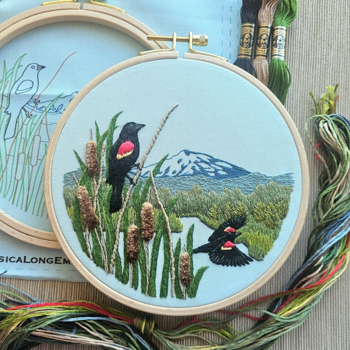 Jessica Long Embroidery - Red - Winged Blackbirds Embroidery Kit - The Merri Artist - merriartist.com