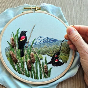Jessica Long Embroidery - Red - Winged Blackbirds Embroidery Kit - The Merri Artist - merriartist.com