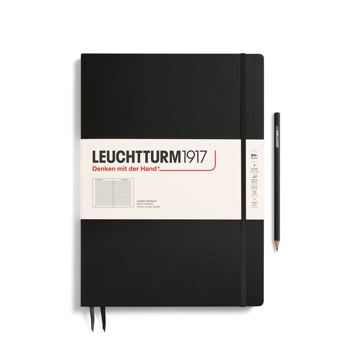 Leuchtturm1917 Hardcover Notebook - Black - Master Slim 8.75 x 12.5 inch (A4+) - 123 pages - ruled - The Merri Artist - merriartist.com