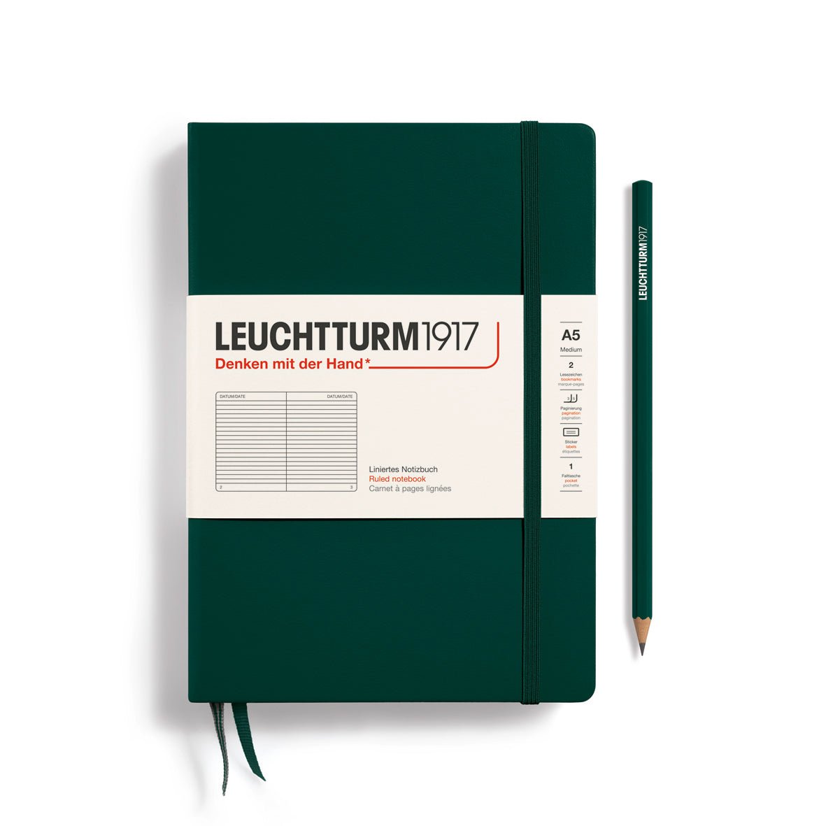 Leuchtturm1917 Hardcover Notebook - Forest Green - Medium 5.75 x 8.25 inch (A5) - 251 pages - ruled - The Merri Artist - merriartist.com
